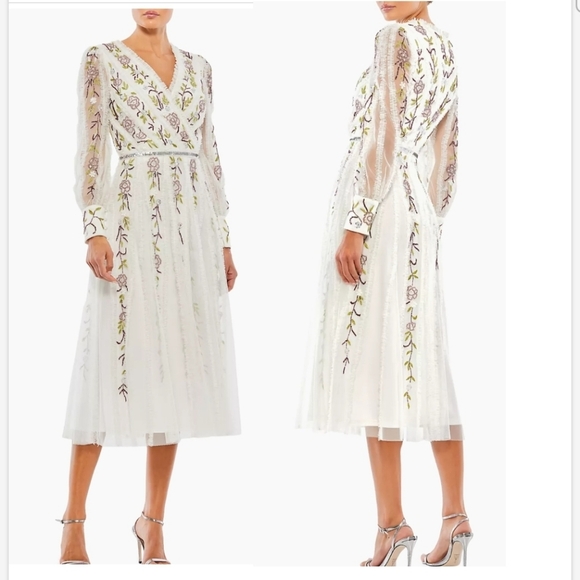 Mac Duggal ivory multi V-Neck Embellished Midi-Dress Sz 4 nwt - Picture 1 of 16